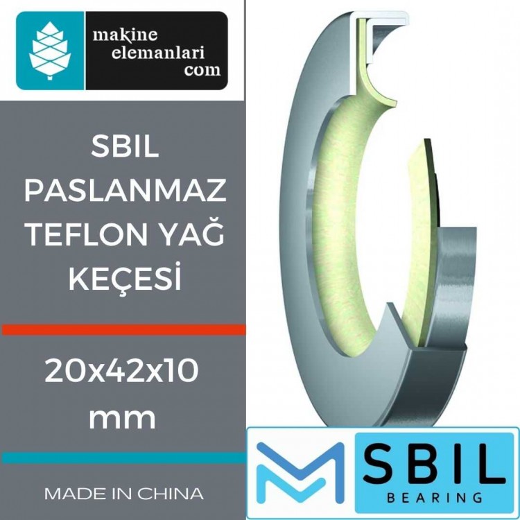 20x42x10 mm SBIL PASLANMAZ TEFLON YAĞ KEÇESİ 20*42*10 mm (PTFE)