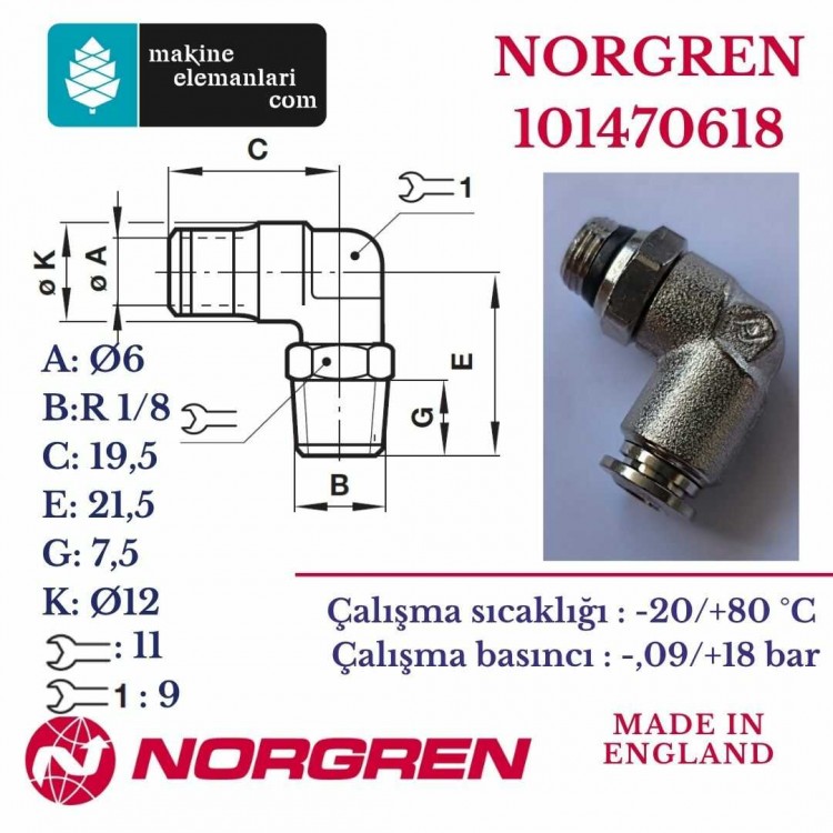 Norgren 101470618 PNEUFIT 10 Serisi Düz Dişli Adaptör, R 1/8 Erkek 6 mm'ye İtmeli, Boruya Dişli Bağlantı Stili
